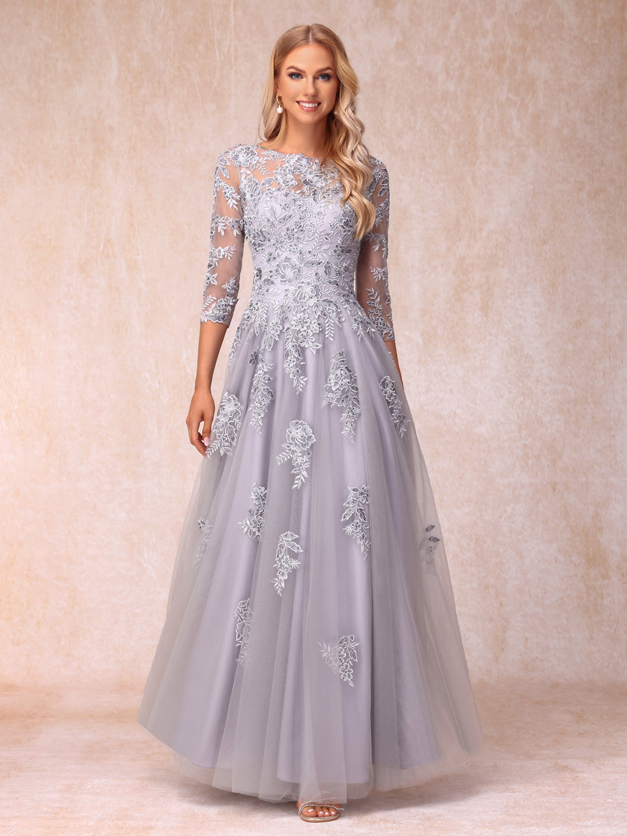 A-Line/Princess Sheer Neck Half Sleeves Long Formal Evening Dresses with Beading & Appliques