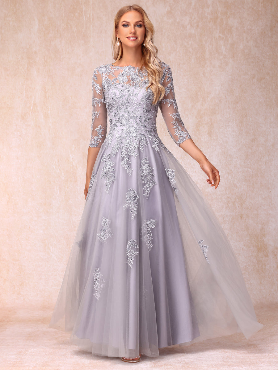 A-Line/Princess Sheer Neck Half Sleeves Long Formal Evening Dresses with Beading &amp; Appliques