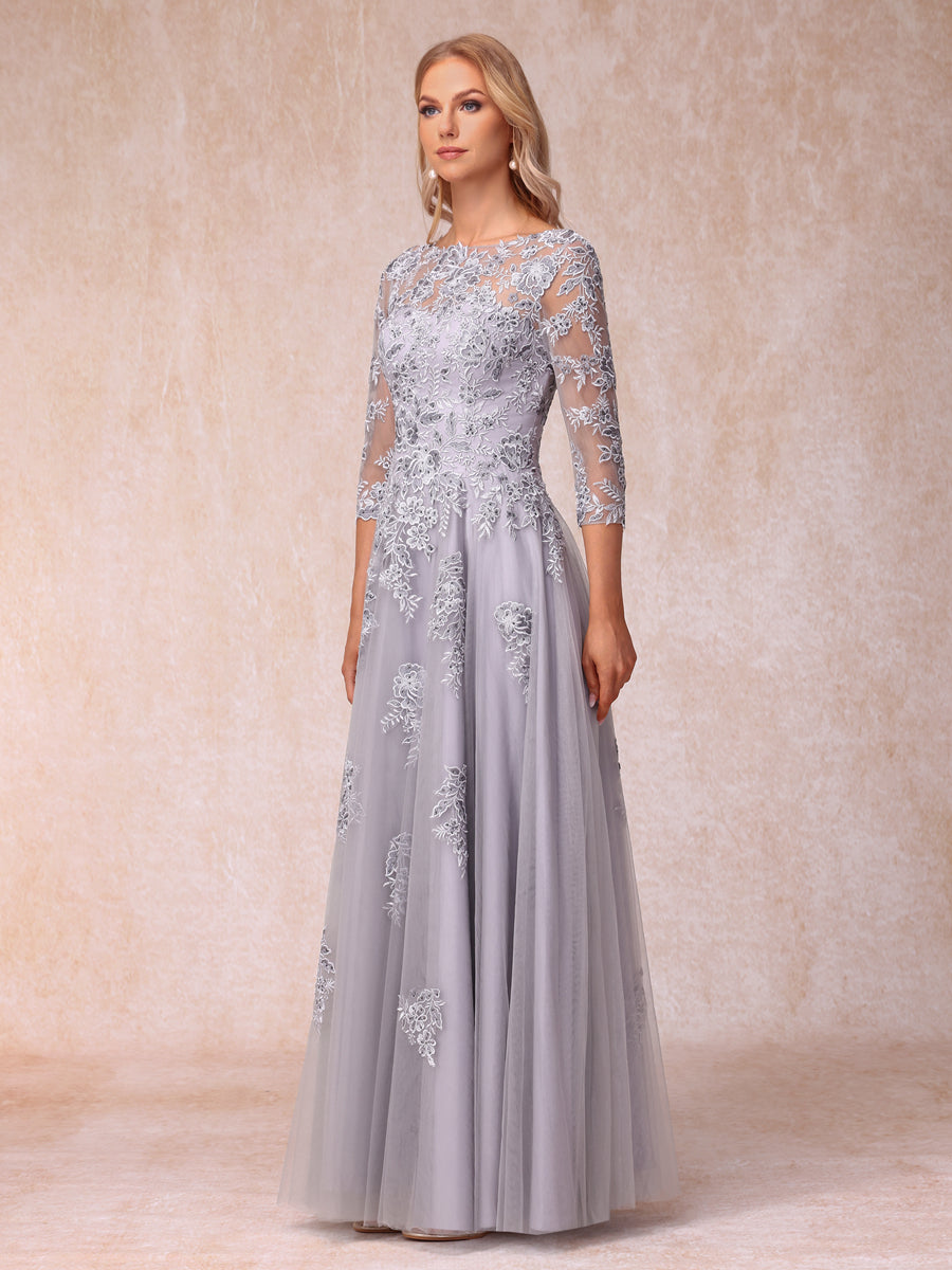 A-Line/Princess Sheer Neck Half Sleeves Long Formal Evening Dresses with Beading &amp; Appliques