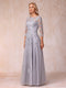 A-Line/Princess Sheer Neck Half Sleeves Long Formal Evening Dresses with Beading & Appliques
