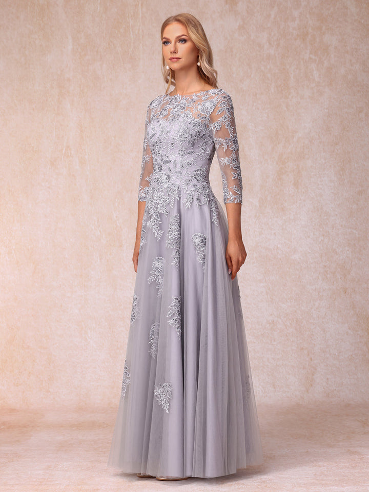 A-Line/Princess Sheer Neck Half Sleeves Long Formal Evening Dresses with Beading &amp; Appliques