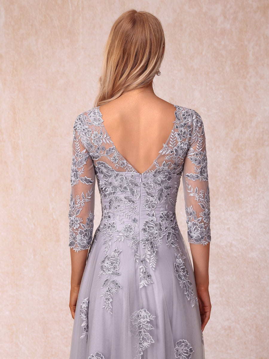 A-Line/Princess Sheer Neck Half Sleeves Long Formal Evening Dresses with Beading &amp; Appliques