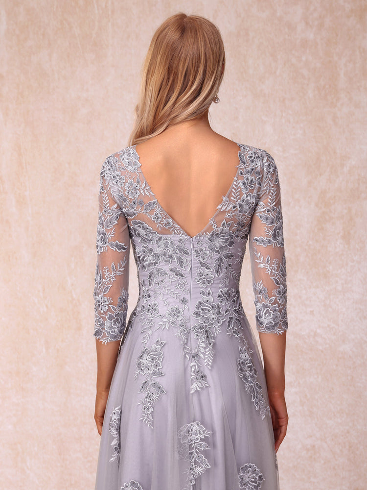 A-Line/Princess Sheer Neck Half Sleeves Long Formal Evening Dresses with Sequins