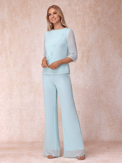 High Neck 3/4 Sleeves Formal Jumpsuits for Women with Ruffles