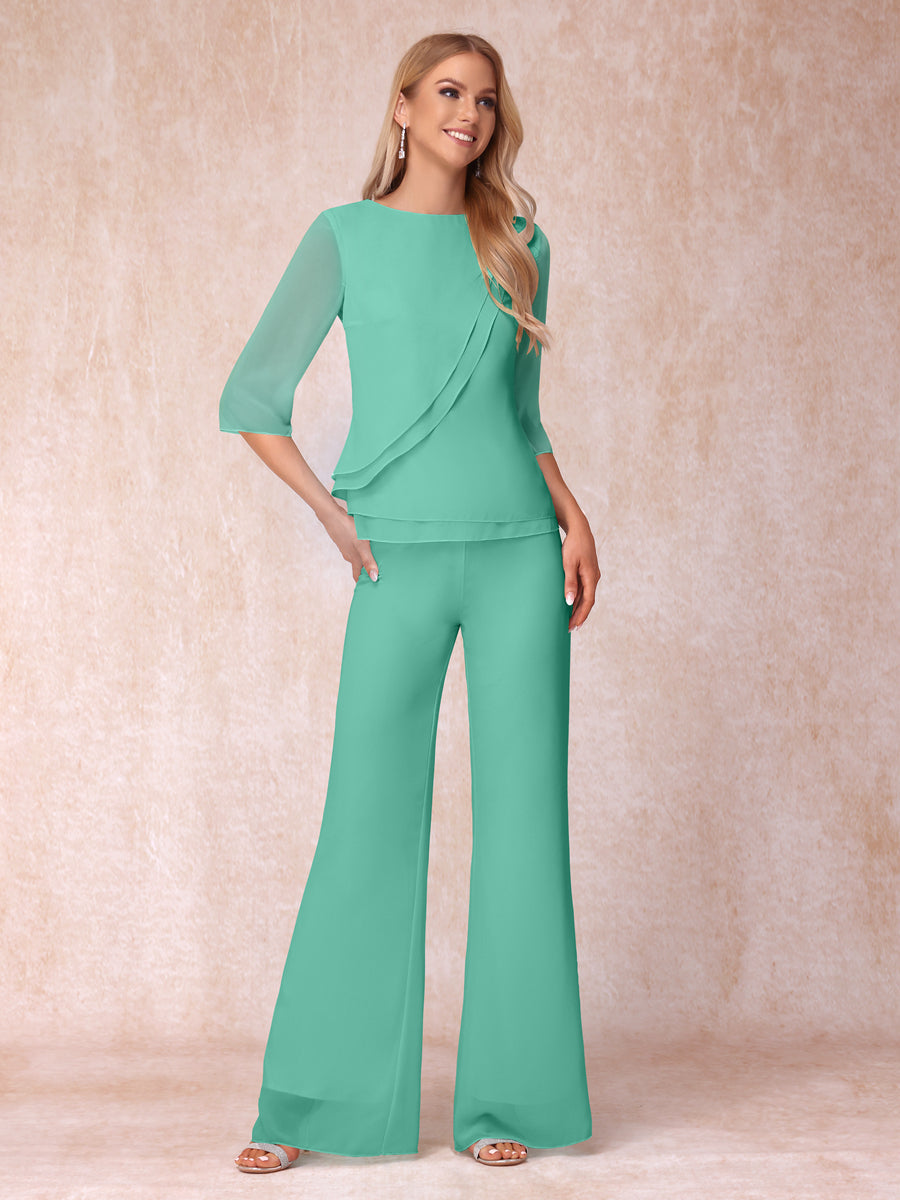 High Neck 3/4 Sleeves Formal Jumpsuits for Women with Ruffles