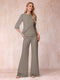 High Neck 3/4 Sleeves Formal Jumpsuits for Women with Ruffles
