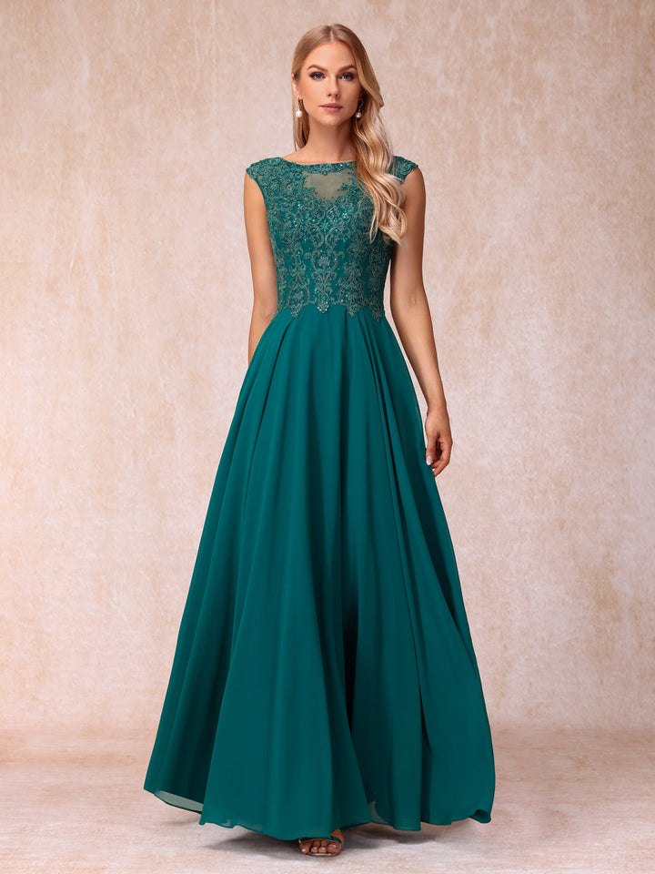 A-Line/Princess Sheer Neck Sleeveless Long Formal Evening Dresses with Beading &amp; Appliques