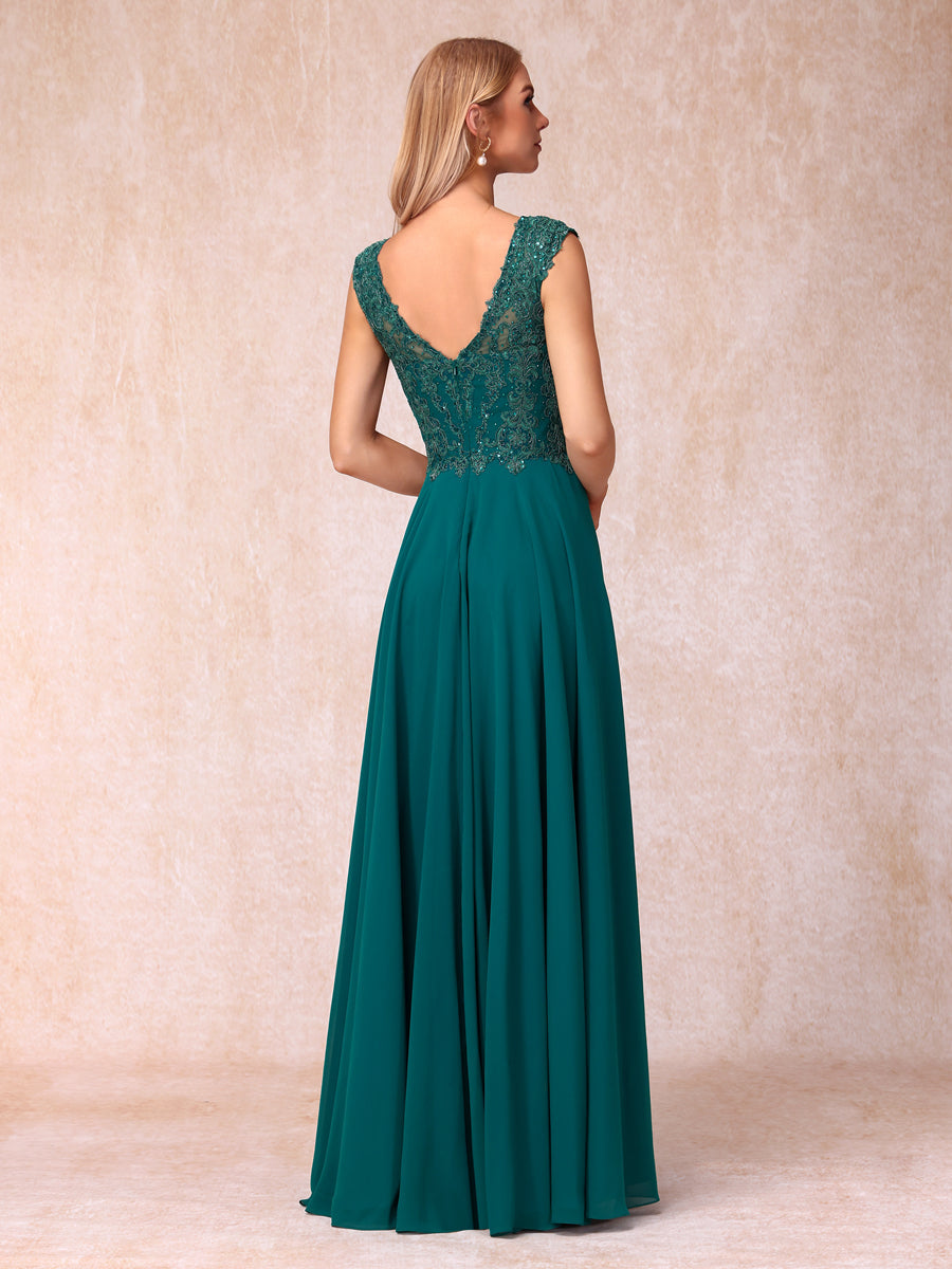 A-Line/Princess Sheer Neck Sleeveless Long Formal Evening Dresses with Beading &amp; Appliques