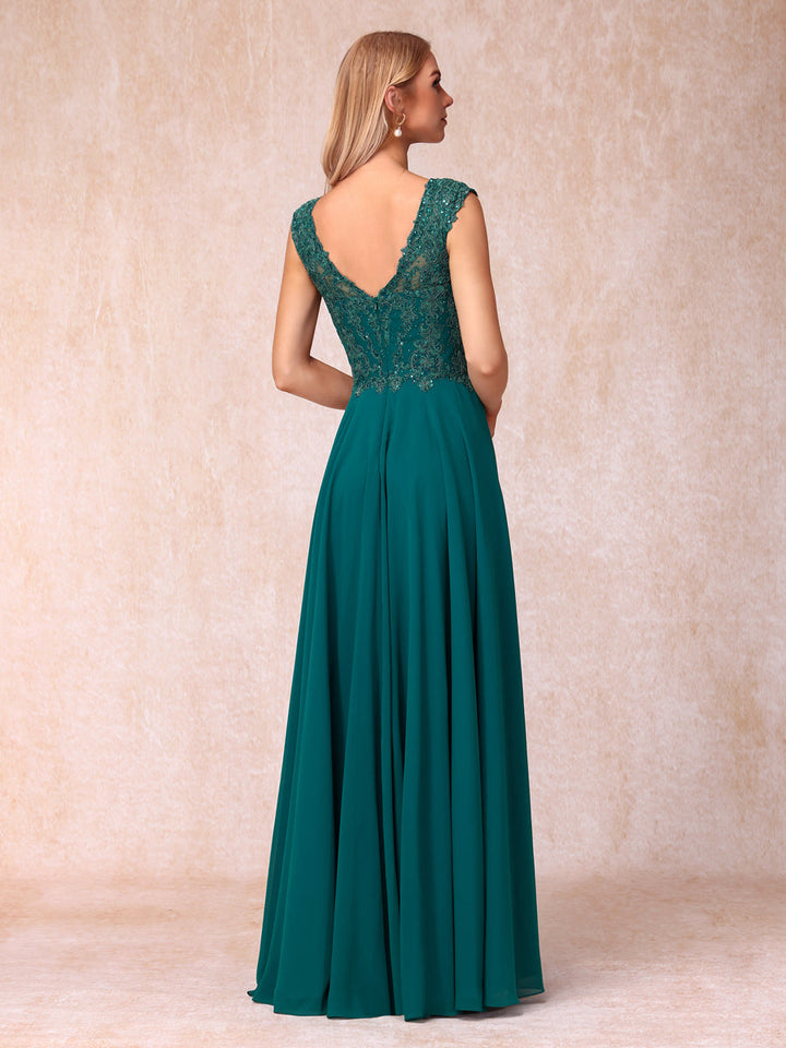 A-Line/Princess Sheer Neck Sleeveless Long Formal Evening Dresses with Beading &amp; Appliques