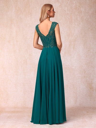 A-Line/Princess Sheer Neck Sleeveless Long Formal Evening Dresses with Beading & Appliques