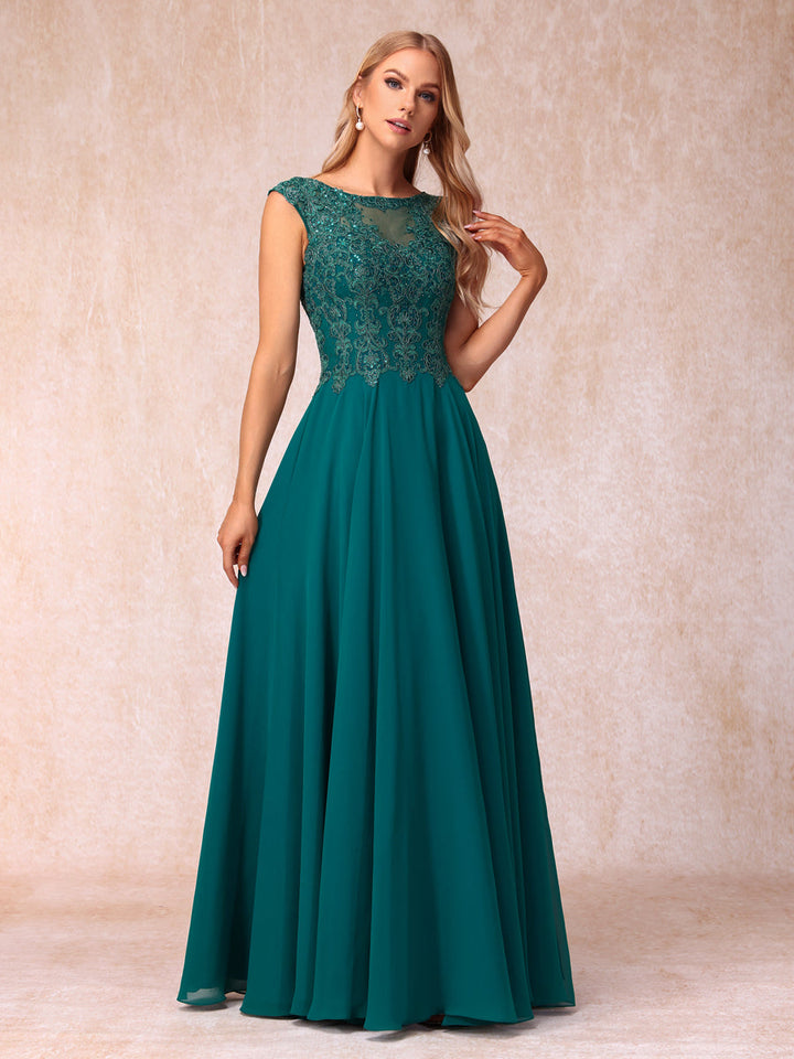A-Line/Princess Sheer Neck Sleeveless Long Formal Evening Dresses with Beading &amp; Appliques