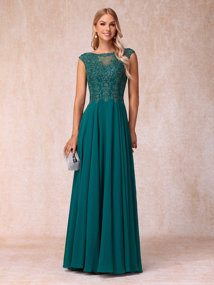 A-Line/Princess Sheer Neck Sleeveless Long Formal Evening Dresses with Beading &amp; Appliques