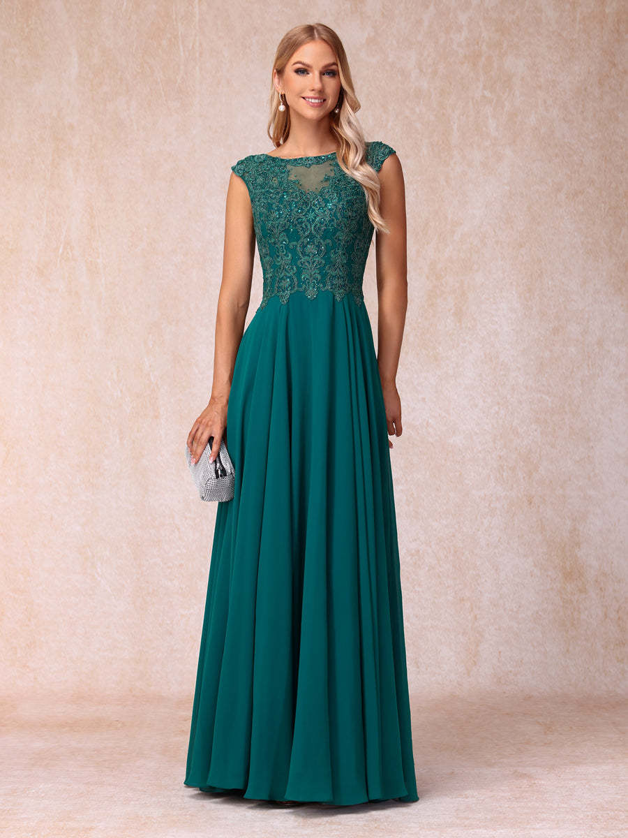 A-Line/Princess Sheer Neck Sleeveless Long Formal Evening Dresses with Beading & Appliques