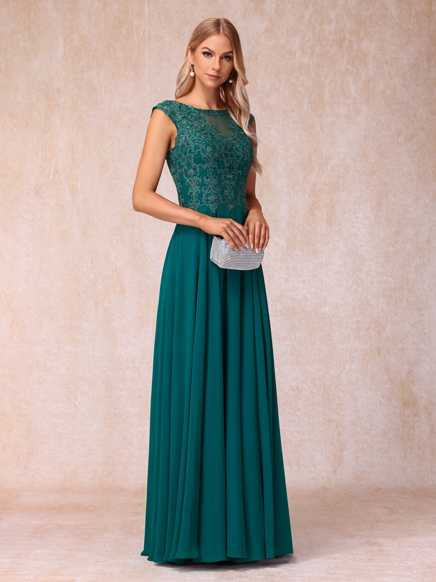 A-Line/Princess Sheer Neck Sleeveless Long Formal Evening Dresses with Beading &amp; Appliques