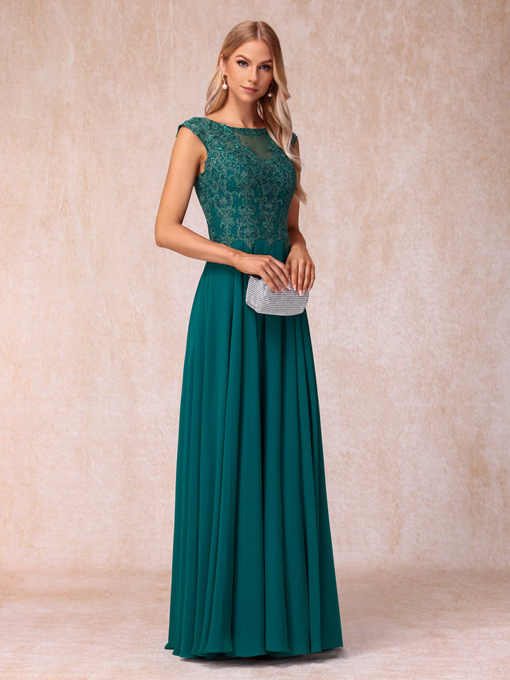 A-Line/Princess Sheer Neck Sleeveless Long Formal Evening Dresses with Beading &amp; Appliques