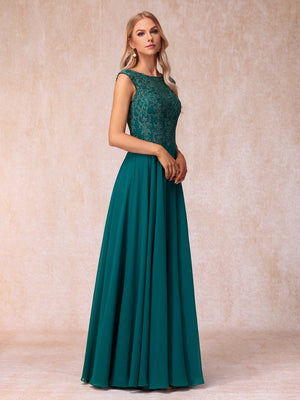 A-Line/Princess Sheer Neck Sleeveless Long Formal Evening Dresses with Beading & Appliques