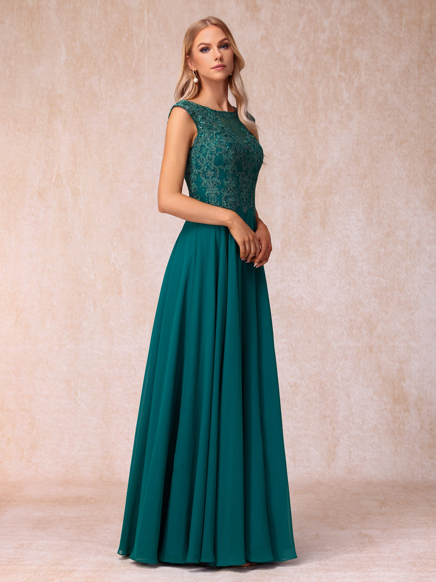 A-Line/Princess Sheer Neck Sleeveless Long Formal Evening Dresses with Beading & Appliques