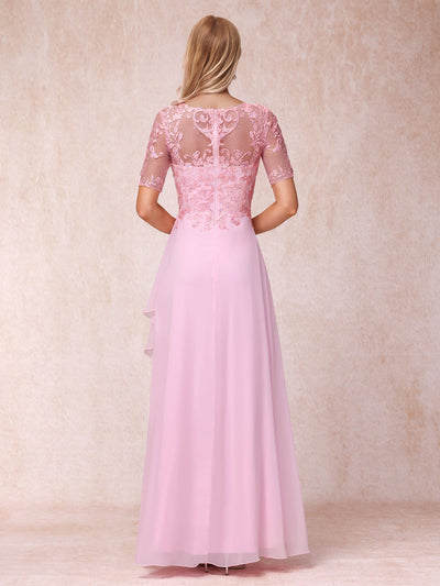 A-Line/Princess V-Neck Short Sleeves Long Formal Evening Dresses with Appliques