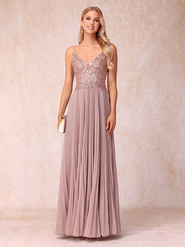 A-Line/Princess Spaghetti Straps Sleeveless Long Formal Evening Dresses with Sequins