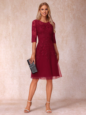 A-Line/Princess Sheer Neck Half Sleeves Short Wedding Guest Dresses with Appliques