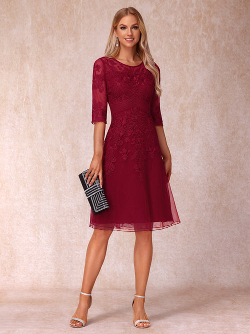 A-Line/Princess Sheer Neck Half Sleeves Short Wedding Guest Dresses with Appliques