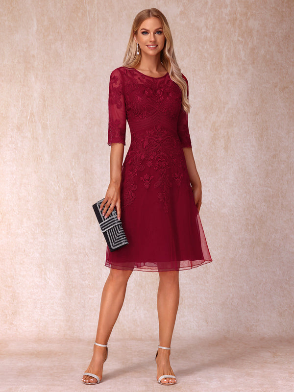 A-Line/Princess Sheer Neck Half Sleeves Short Wedding Guest Dresses with Appliques