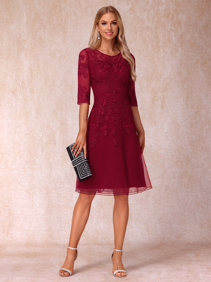 A-Line/Princess Sheer Neck Half Sleeves Short Wedding Guest Dresses with Appliques