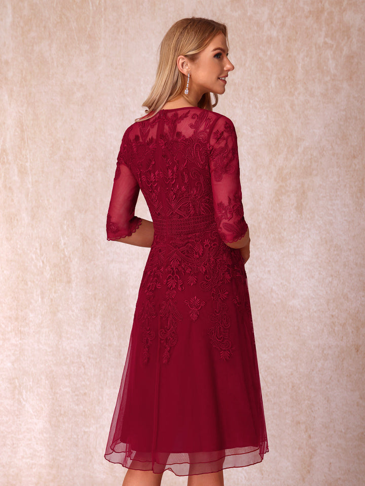 A-Line/Princess Sheer Neck Half Sleeves Short Wedding Guest Dresses with Appliques