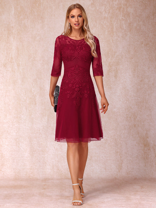 A-Line/Princess Sheer Neck Half Sleeves Short Wedding Guest Dresses with Appliques