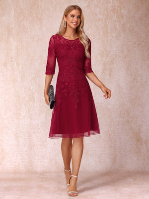 A-Line/Princess Sheer Neck Half Sleeves Short Wedding Guest Dresses with Appliques