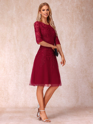 A-Line/Princess Sheer Neck Half Sleeves Short Wedding Guest Dresses with Appliques