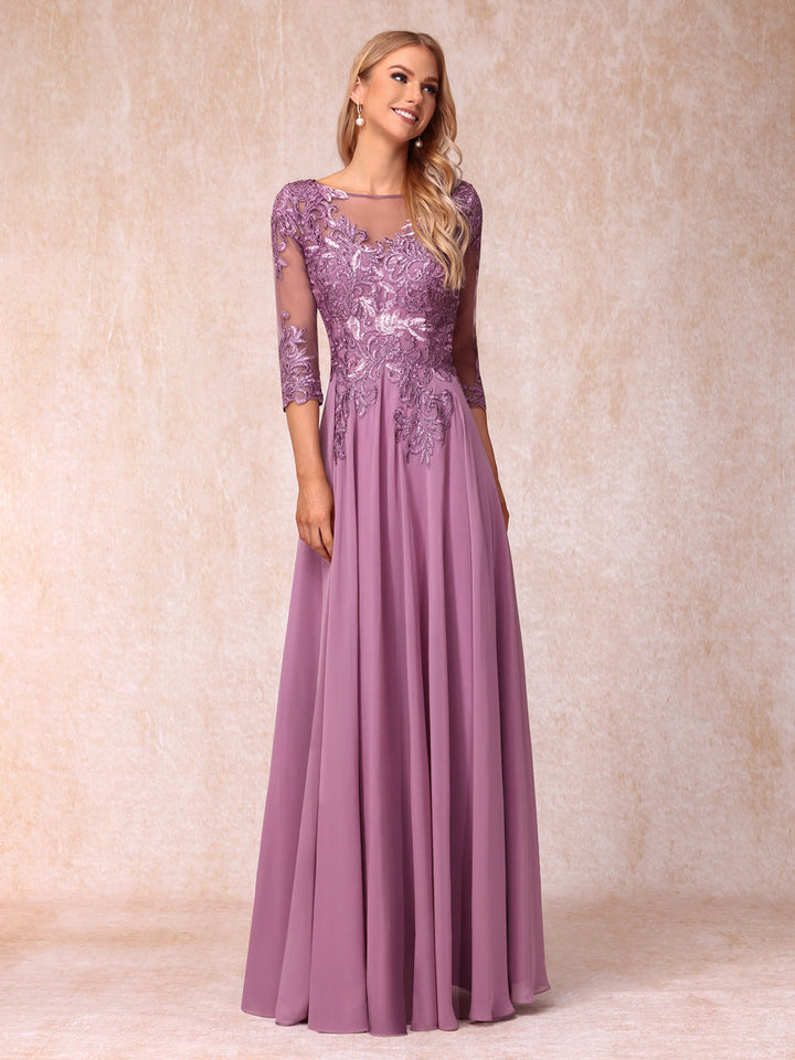 A-Line/Princess Sheer Neck 3/4 Sleeves Long Formal Evening Dresses with Sequins &amp; Appliques
