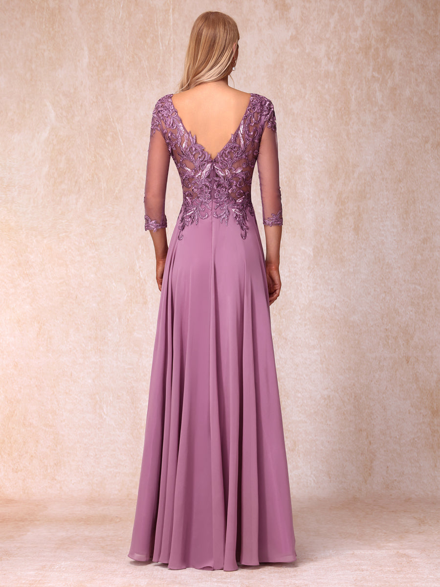 A-Line/Princess Sheer Neck 3/4 Sleeves Long Formal Evening Dresses with Sequins &amp; Appliques