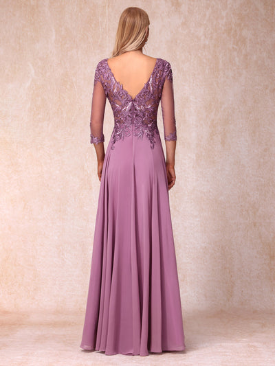 A-Line/Princess Sheer Neck 3/4 Sleeves Long Formal Evening Dresses with Sequins & Appliques