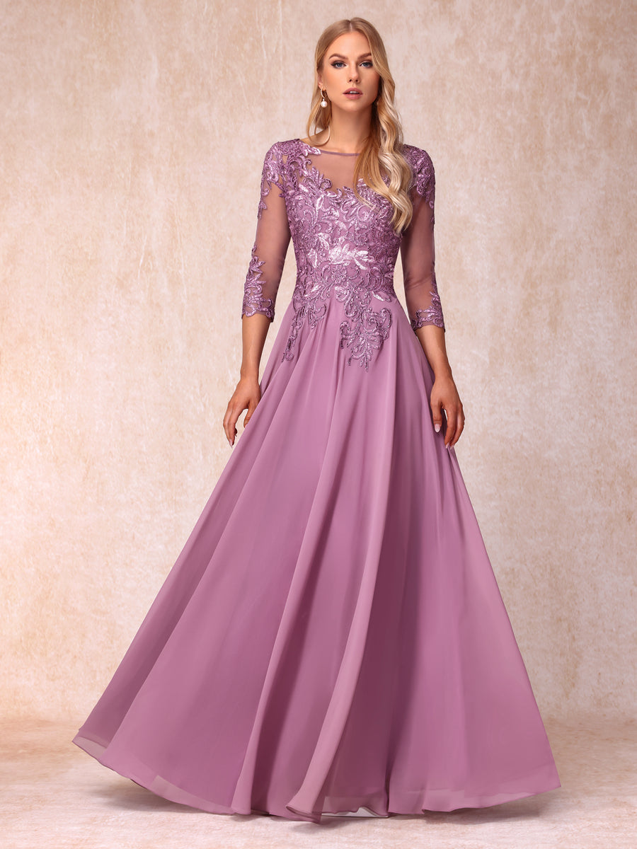 A-Line/Princess Sheer Neck 3/4 Sleeves Long Formal Evening Dresses with Sequins &amp; Appliques