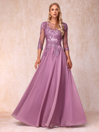 A-Line/Princess Sheer Neck 3/4 Sleeves Long Formal Evening Dresses with Sequins & Appliques
