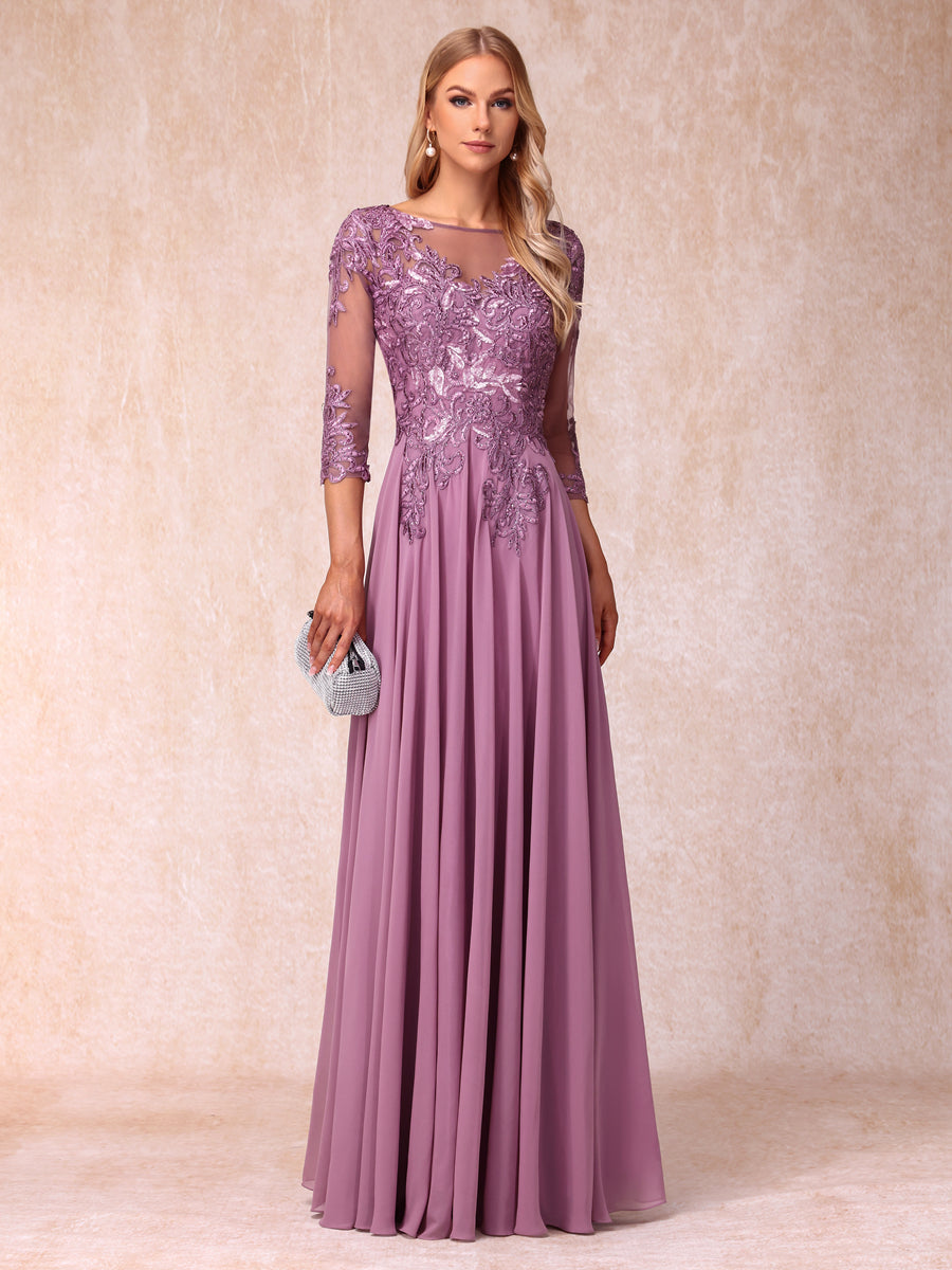 A-Line/Princess Sheer Neck 3/4 Sleeves Long Formal Evening Dresses with Sequins &amp; Appliques