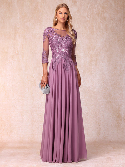 A-Line/Princess Sheer Neck 3/4 Sleeves Long Formal Evening Dresses with Sequins & Appliques