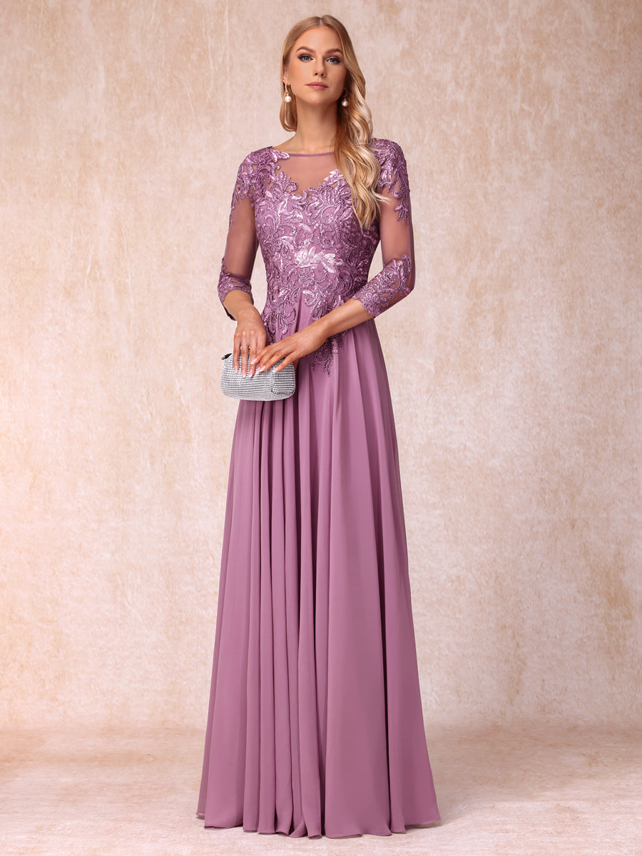 A-Line/Princess Sheer Neck 3/4 Sleeves Long Formal Evening Dresses with Sequins &amp; Appliques