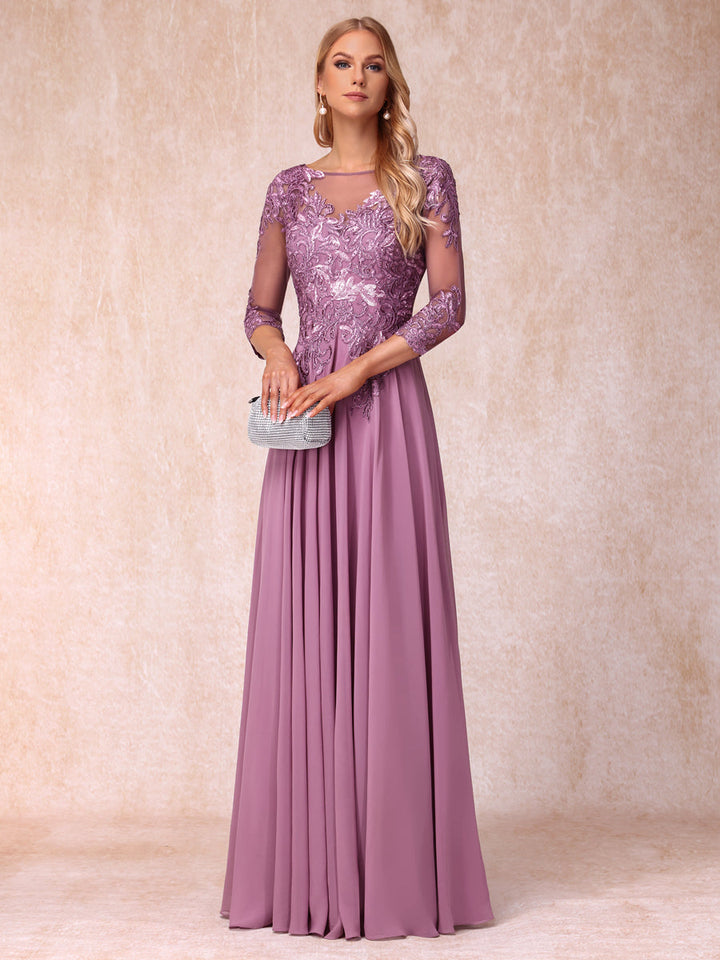 A-Line/Princess Sheer Neck 3/4 Sleeves Long Formal Evening Dresses with Sequins &amp; Appliques