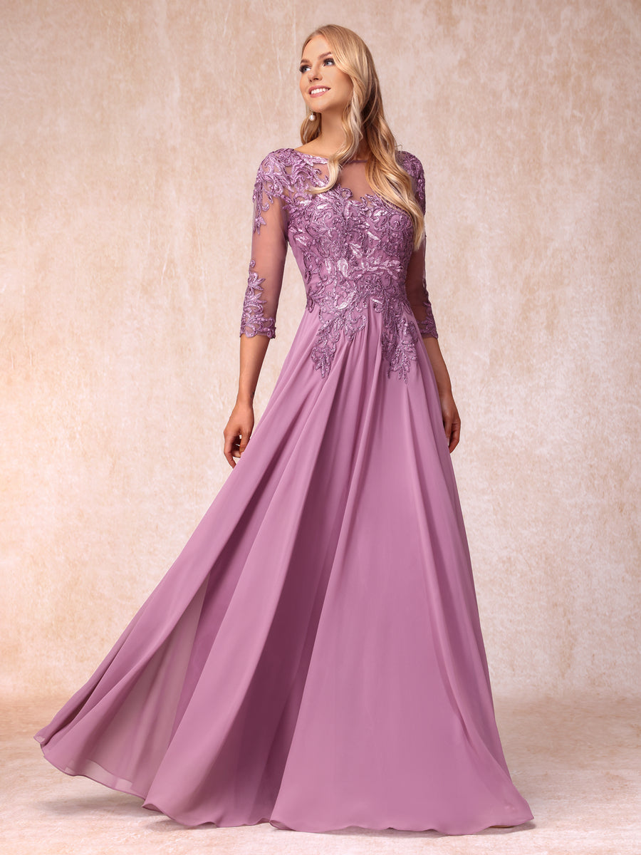 A-Line/Princess Sheer Neck 3/4 Sleeves Long Formal Evening Dresses with Sequins & Appliques