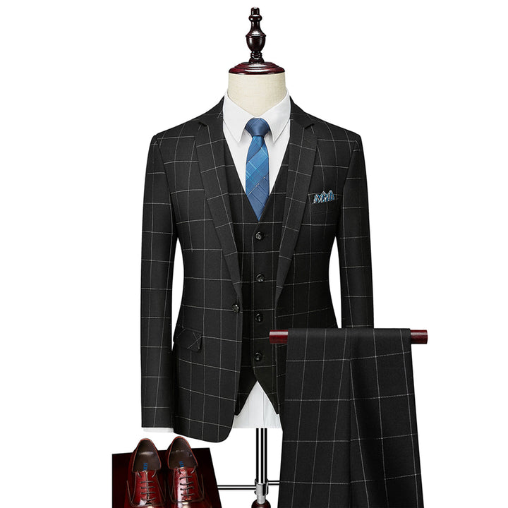 Tailored Fit Single Breasted One-button 3 Pieces Plaid Men&