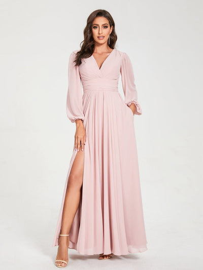 A-Line/Princess Chiffon V-Neck Long Sleeves Split Side Floor-Length With Pockets Bridesmaid Dresses