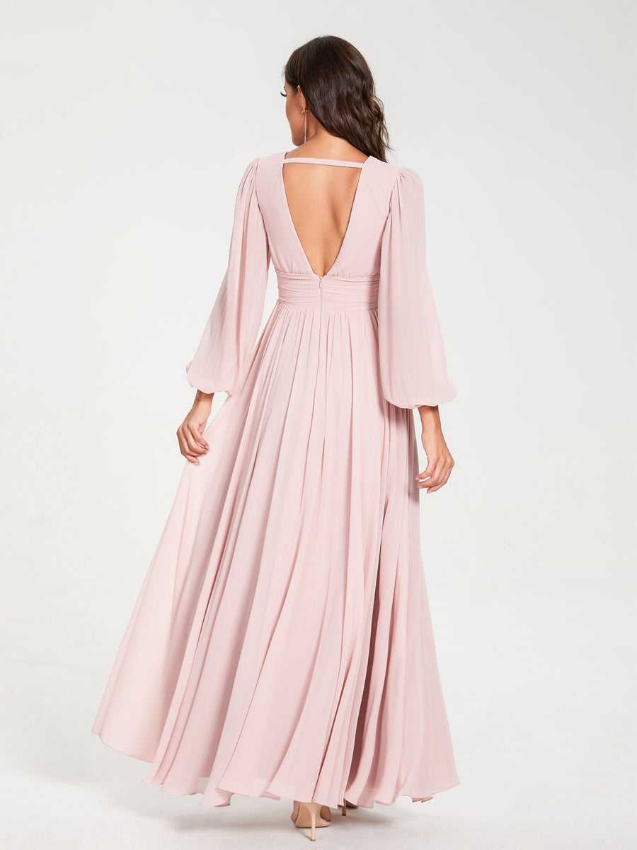 A-Line/Princess Chiffon V-Neck Long Sleeves Split Side Floor-Length With Pockets Bridesmaid Dresses