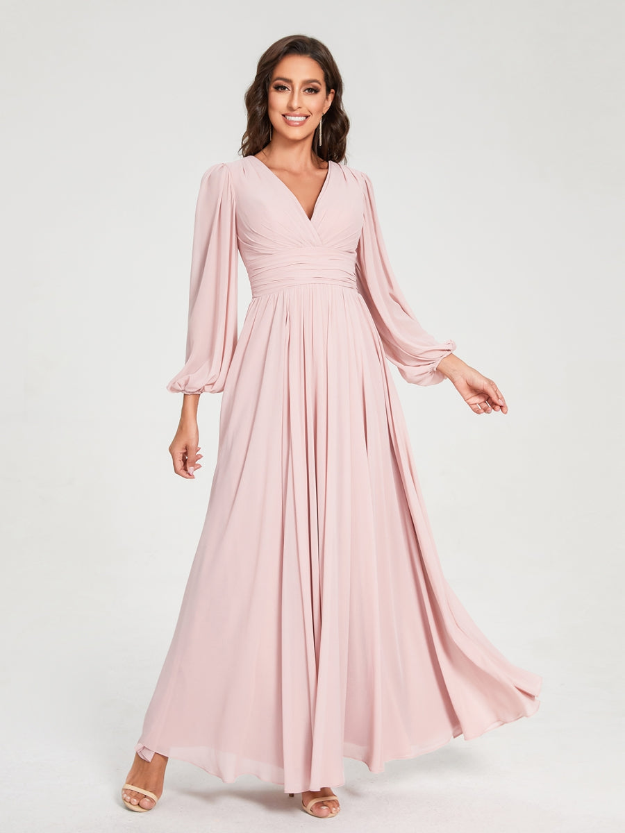 A-Line/Princess Chiffon V-Neck Long Sleeves Split Side Floor-Length With Pockets Bridesmaid Dresses