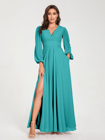 A-Line/Princess Chiffon V-Neck Long Sleeves Split Side Floor-Length With Pockets Bridesmaid Dresses