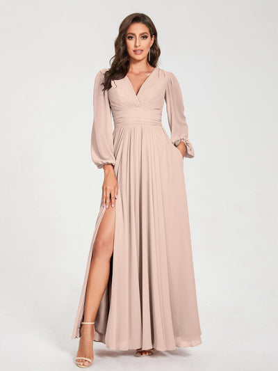 A-Line/Princess Chiffon V-Neck Long Sleeves Split Side Floor-Length With Pockets Bridesmaid Dresses