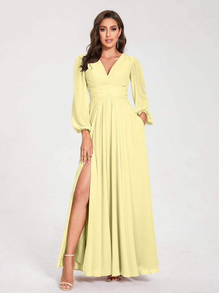 A-Line/Princess V-Neck Long Sleeves Split Side With Pockets Bridesmaid Dresses