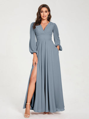 Lavetir Long Bridesmaid Dresses with Sleeves Gray A-line Chiffon V-Neck with Pockets & Slits 2026 Lavetir Long Bridesmaid Dresses with Sleeves Gray A-line Chiffon V-Neck with Pockets & Slits 2026