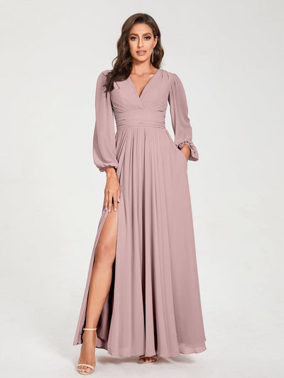 A-Line/Princess Chiffon V-Neck Long Sleeves Split Side Floor-Length With Pockets Bridesmaid Dresses